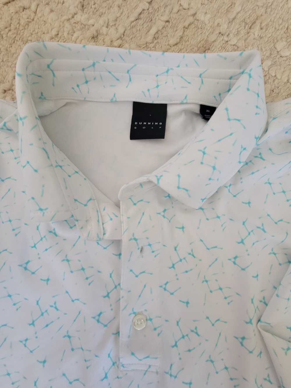 Dunning Golf Men's XL White Performance Polo Shirt Teal Geometric Print